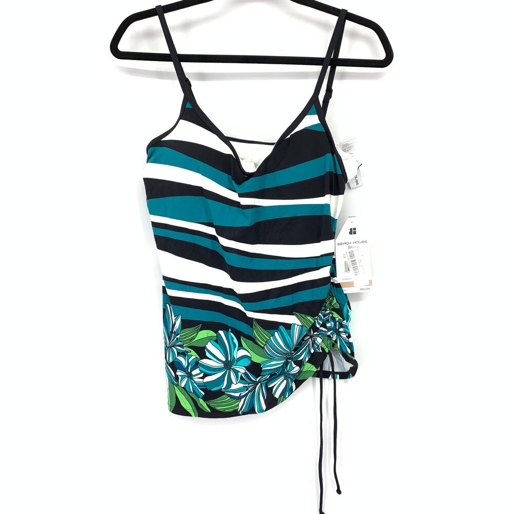 Beach House Swimsuit Tankini Top Womens Size 12 Striped Floral Print Teal Black